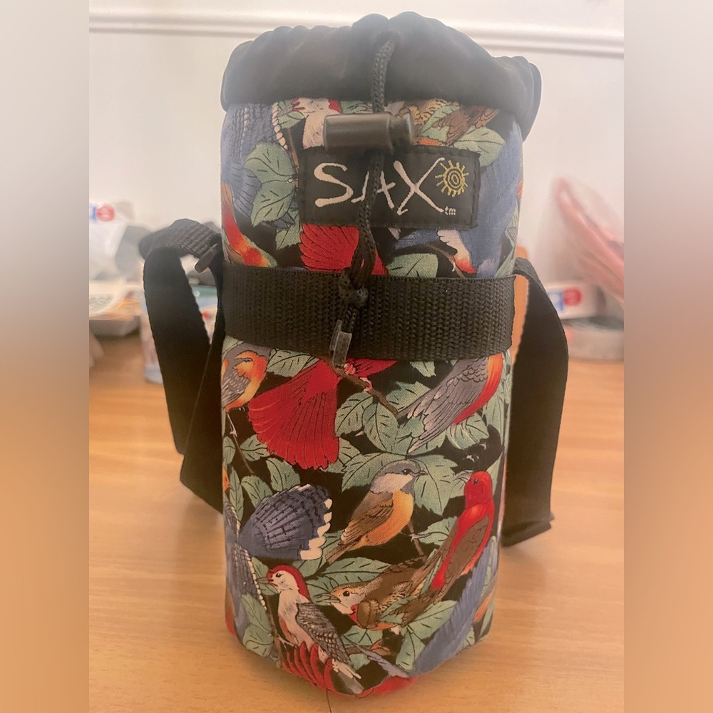 Vintage Sax Lined Water Bottle Sleeve With Strap Bright Bird Watching Pattern